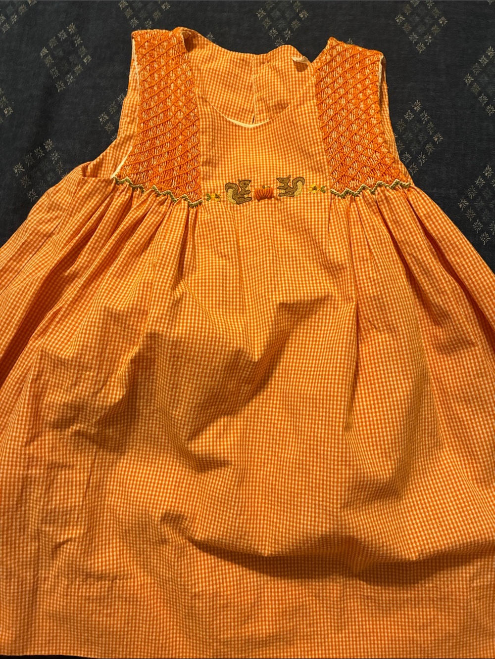 Orange Gingham Smocked Toddler Dress with Embroidered Squirrels